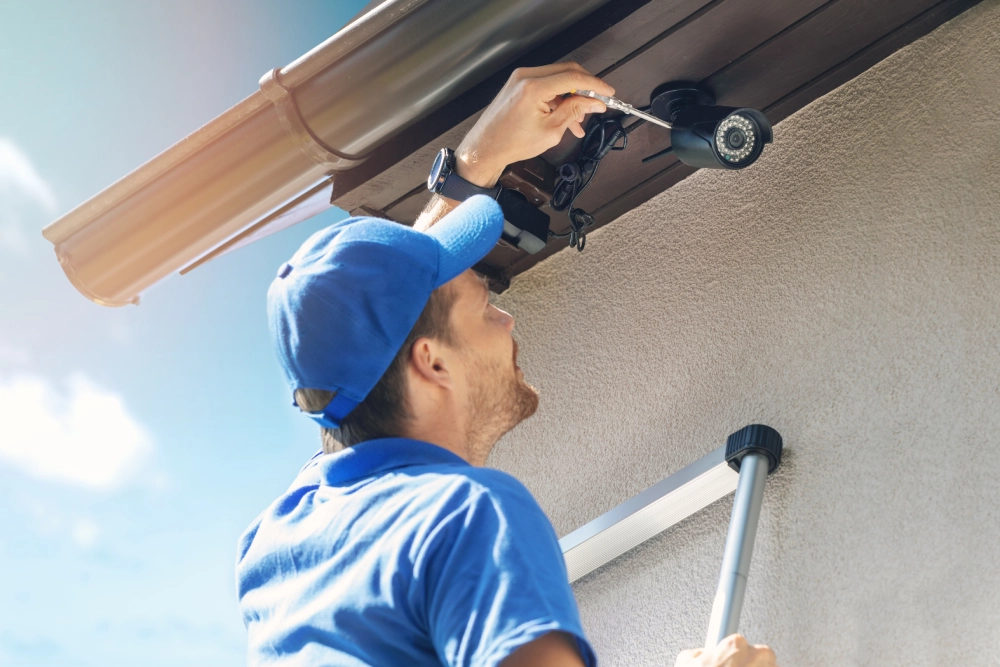 A man in blue shirt and hat working on a camera.