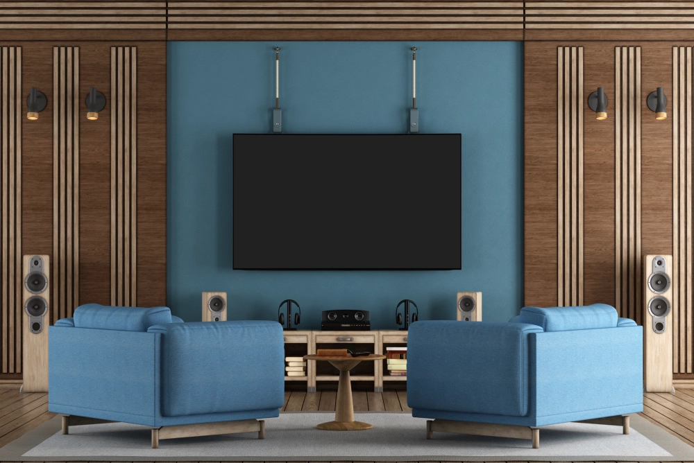 A living room with two blue chairs and a television.